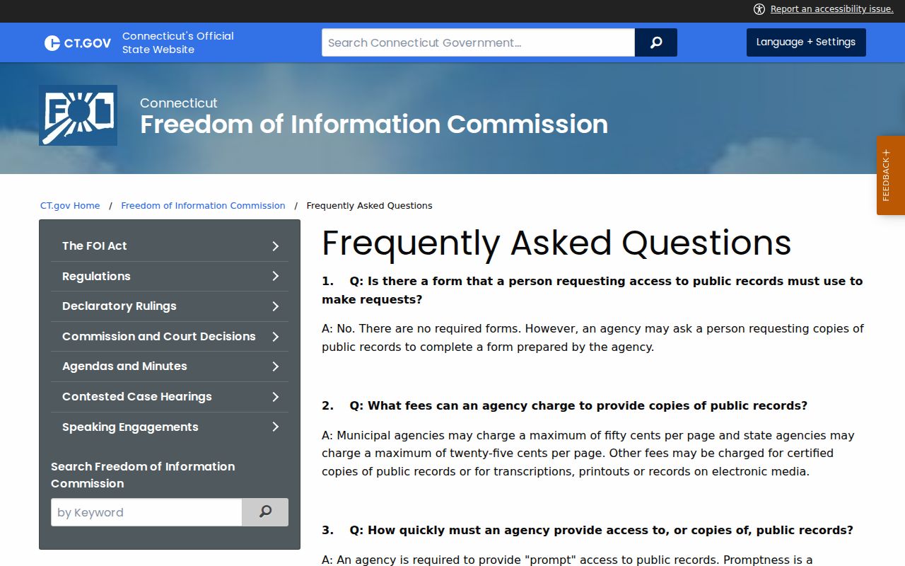 Connecticut residents directory reference to the state Freedom of Information request and fee page