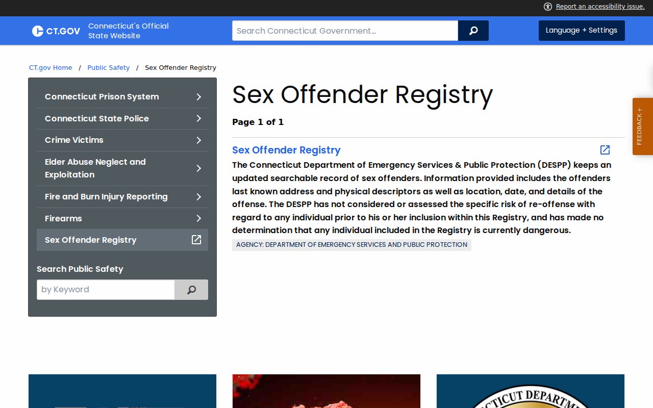 Connecticut residents directory reference to the DESPP registry warning and address fields