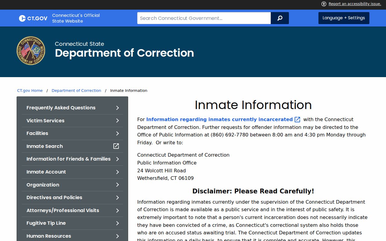 Connecticut residents directory reference to the DOC current custody search