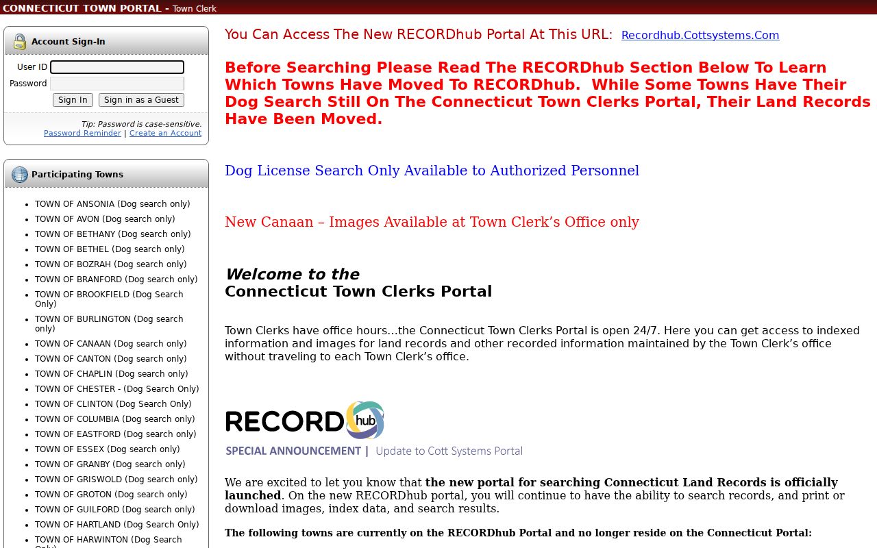 Connecticut street directory reference to legacy town clerk land record portals